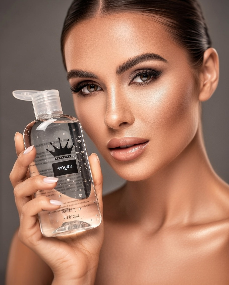 Woman holding a clear bottle of ladybloom water based lubricant with a brand logo against a neutral background