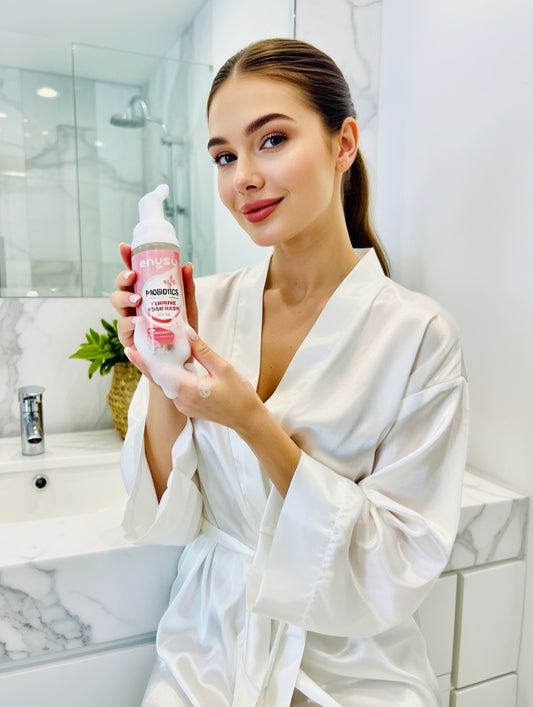 Woman in a white robe holding a pink bottle of enysu LADYBLOOM intimate probioticwash